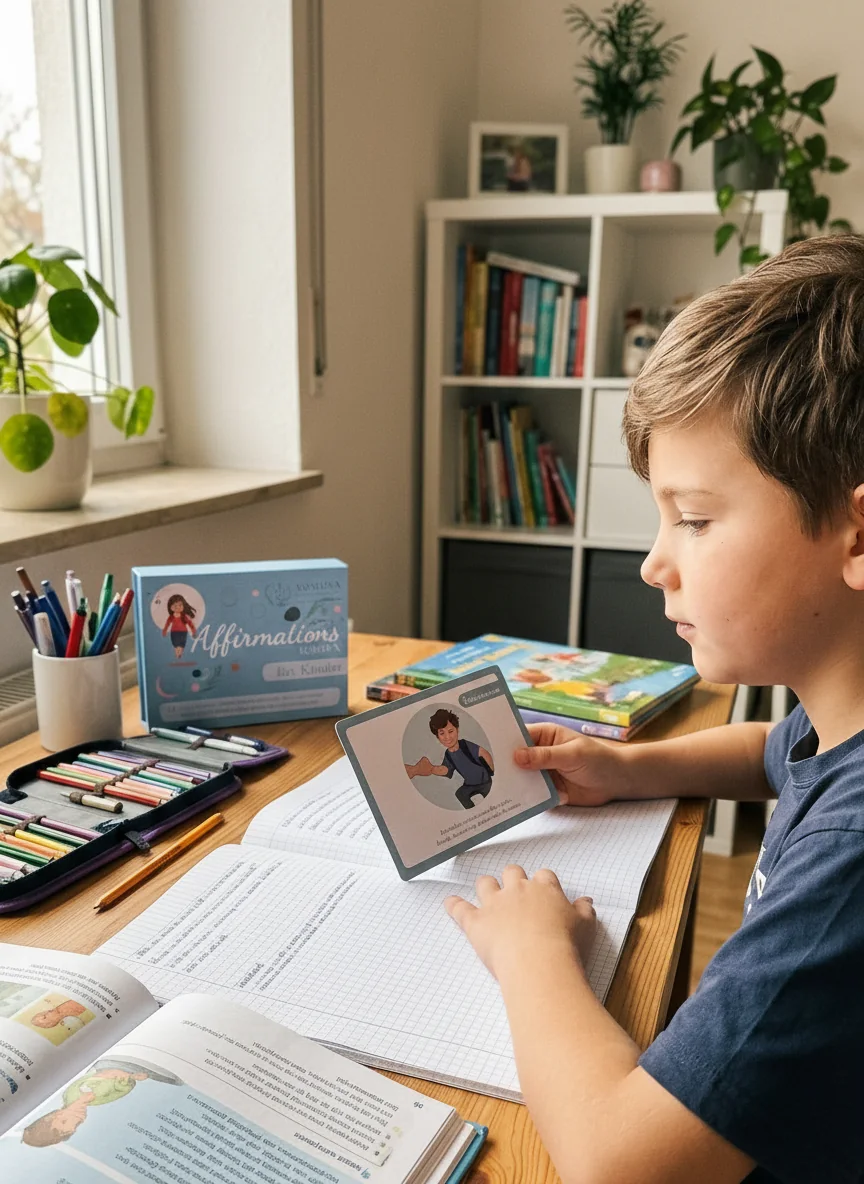 Junge nutzt Yomeda Affirmationskarten am Schreibtisch - positive Glaubenssätze für Kinder im Alltag
