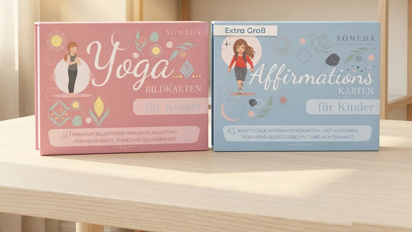 Yomeda Yoga Bildkarten und Affirmationskarten für Kinder nebeneinander auf einem hellen Holztisch