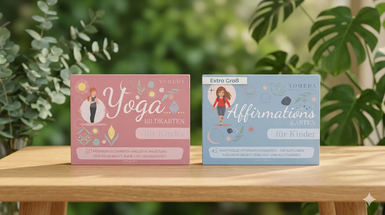 Yogakarten und Affirmationskarten Boxen nebeneinander auf einem Holztisch mit Pflanzen