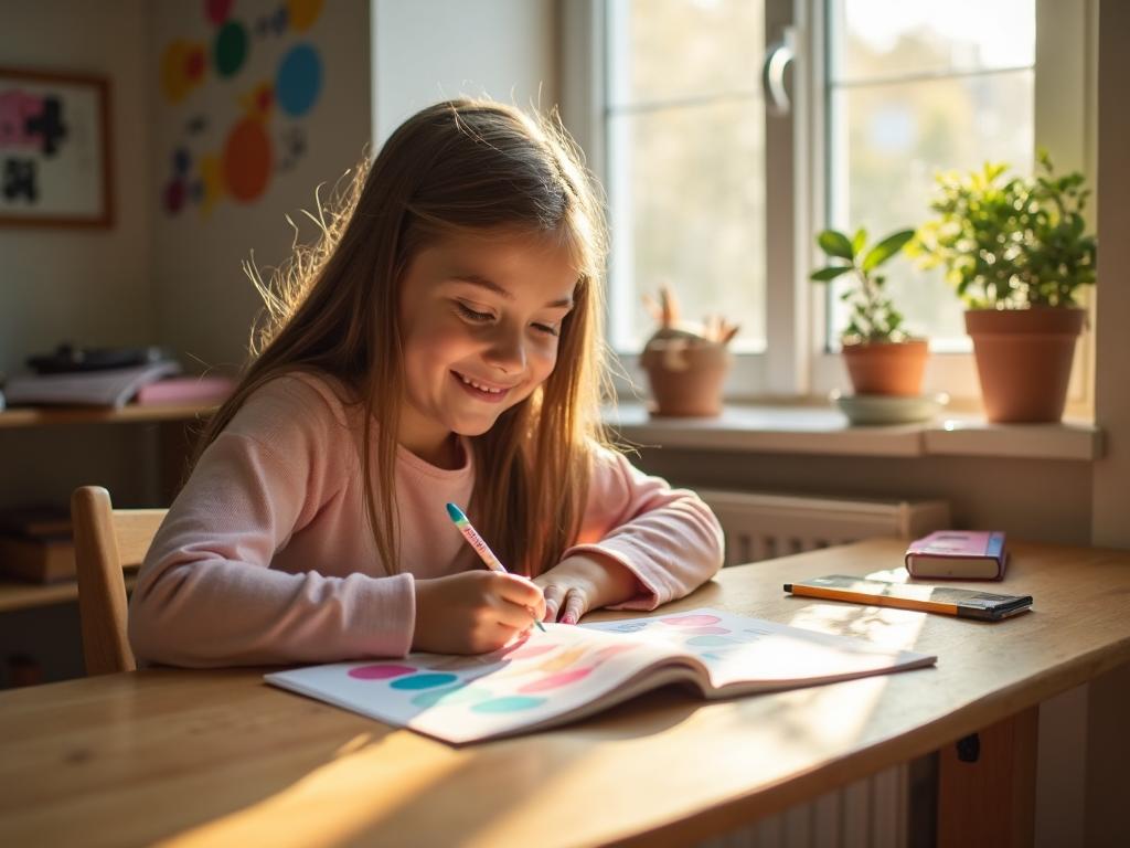 Kind übt mit Yomeda Affirmationskarten am Schreibtisch - Konzentration und Achtsamkeit für Kinder zu Hause