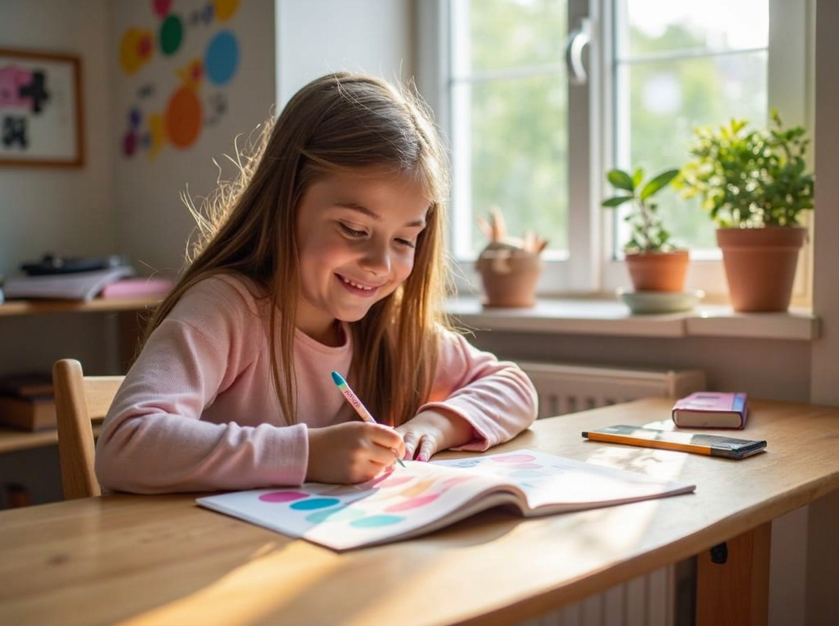 Kind übt mit Yomeda Affirmationskarten am Schreibtisch - Konzentration und Achtsamkeit für Kinder zu Hause