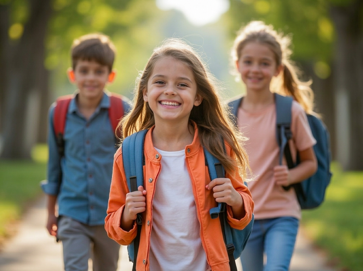 Kinder gehen selbstbewusst zur Schule - gestärkt durch Yomeda Affirmationen für mehr Schulerfolg