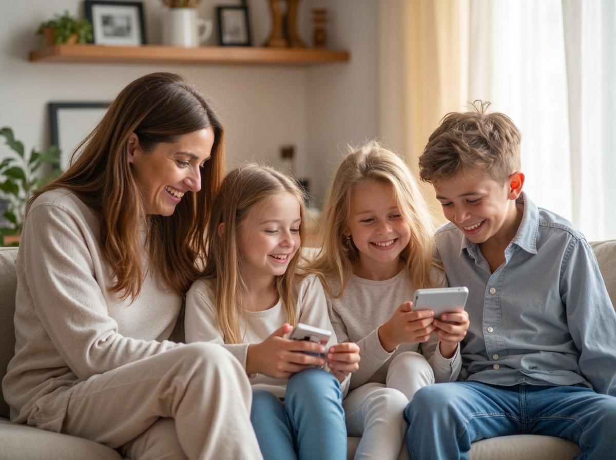 Glückliche Familie mit Kindern - achtsame Familienzeit mit Yomeda Yoga und Affirmationskarten