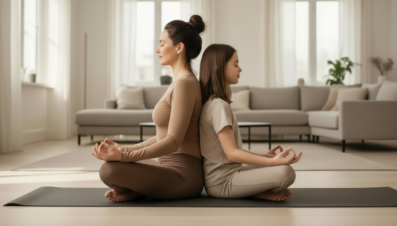 Mutter und Tochter beim Kinderyoga zu Hause - Yomeda Yoga Bildkarten für Kinder 6-14 Jahre, Achtsamkeit und Entspannung für die Familie