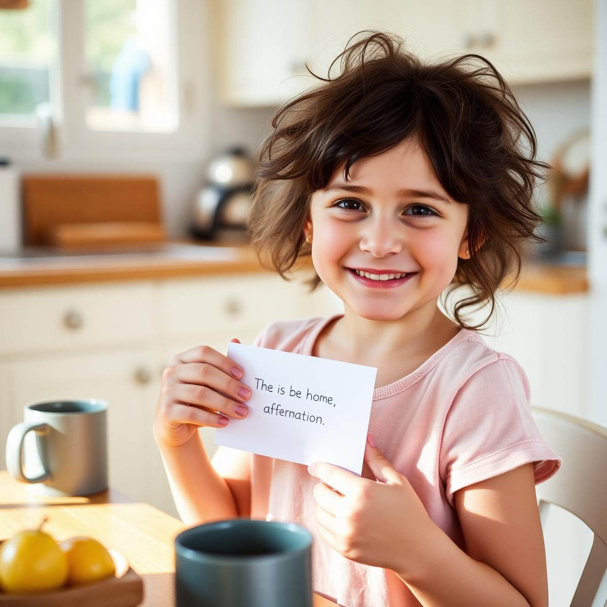 Mädchen freut sich über ihre Affirmationskarte am Morgen