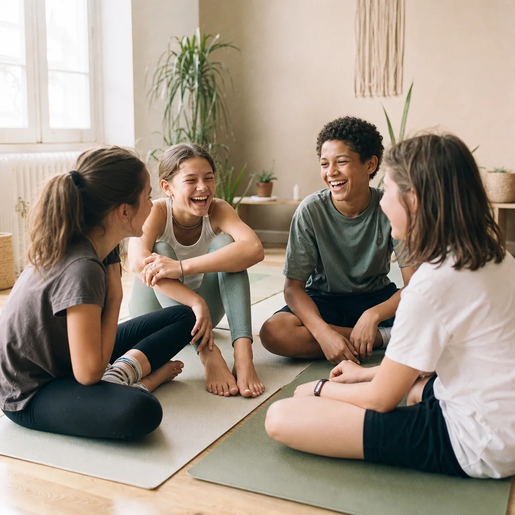 Kinder zwischen 8 und 12 Jahren haben Spaß in einer Kinderyoga-Runde