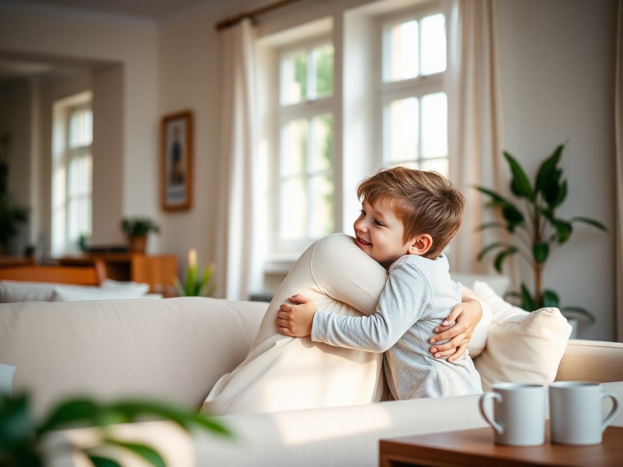 Mutter umarmt ihr Kind nach einem vollen Schultag – Alltagsstress in Familien