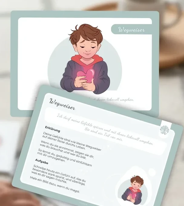 Yomeda Affirmationskarte Vorderseite mit Illustration und Rückseite mit Erklärung und Aufgabe