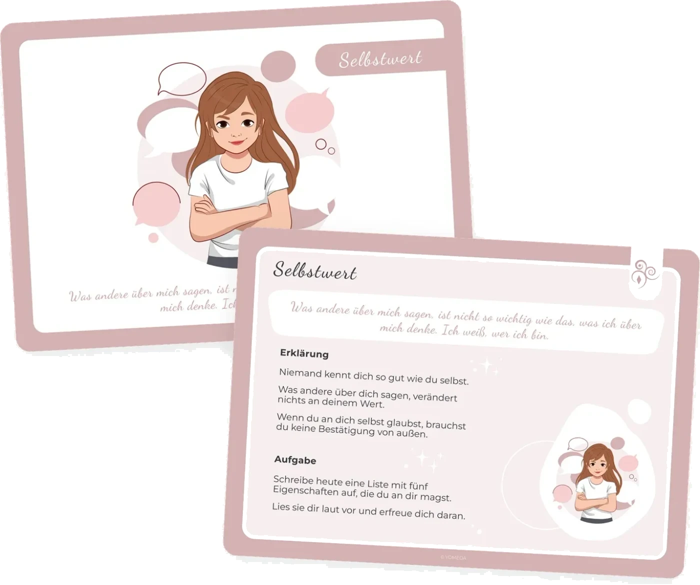 Yomeda Affirmationskarte Vorderseite mit Illustration und Rückseite mit Erklärung und Aufgabe