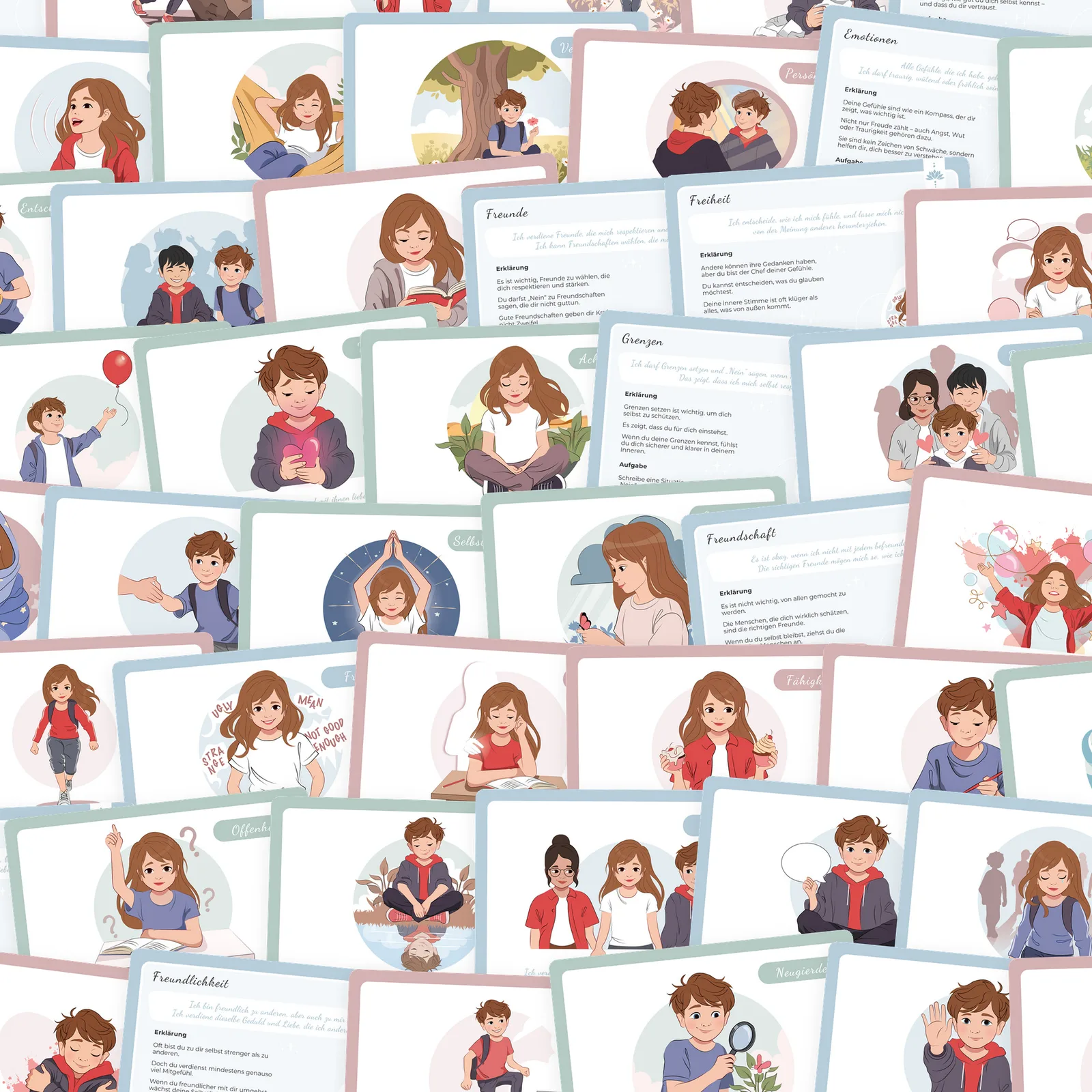 Alle 45 Yomeda Affirmationskarten für Kinder nebeneinander auf einem Tisch
