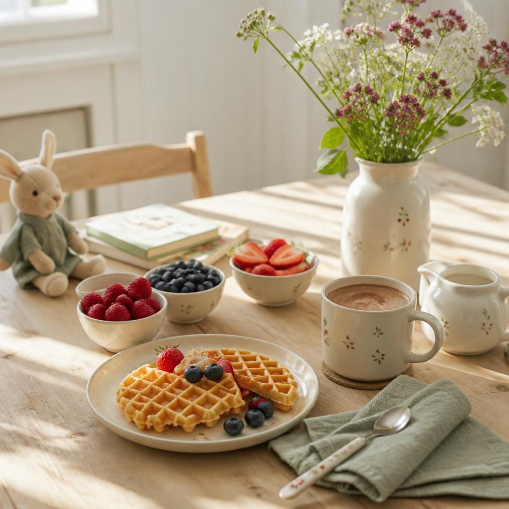 Kinder-Frühstückstisch mit Waffeln, Beeren und Kakao – positiver Start in den Tag