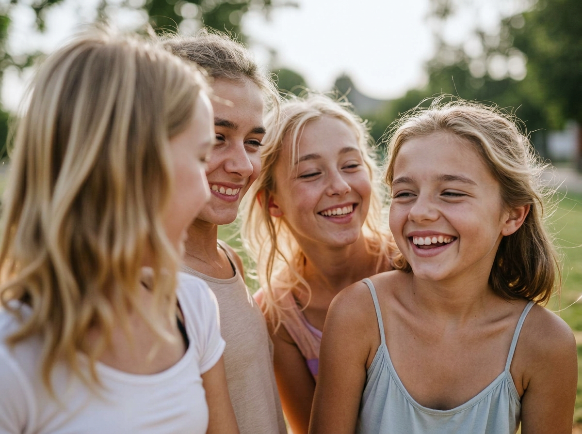 Selbstbewusste Teenager lachen zusammen - starke Kinder durch Yomeda Affirmationskarten und Kinderyoga