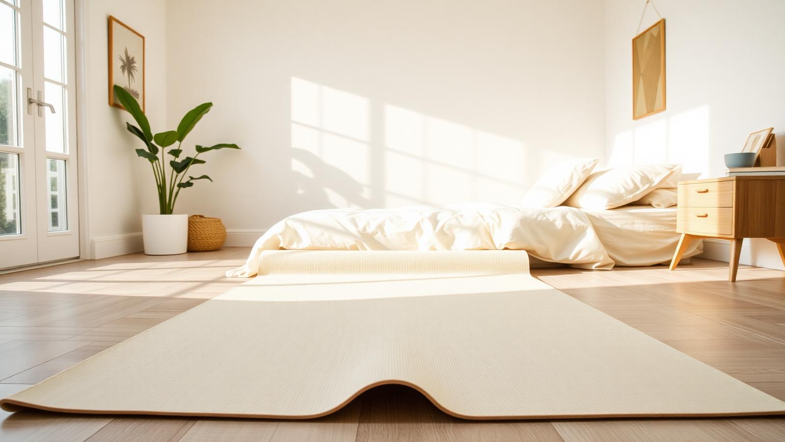 Helles Jugendzimmer mit Yogamatte vor dem Bett – Yoga-Übungen für Kinder zu Hause